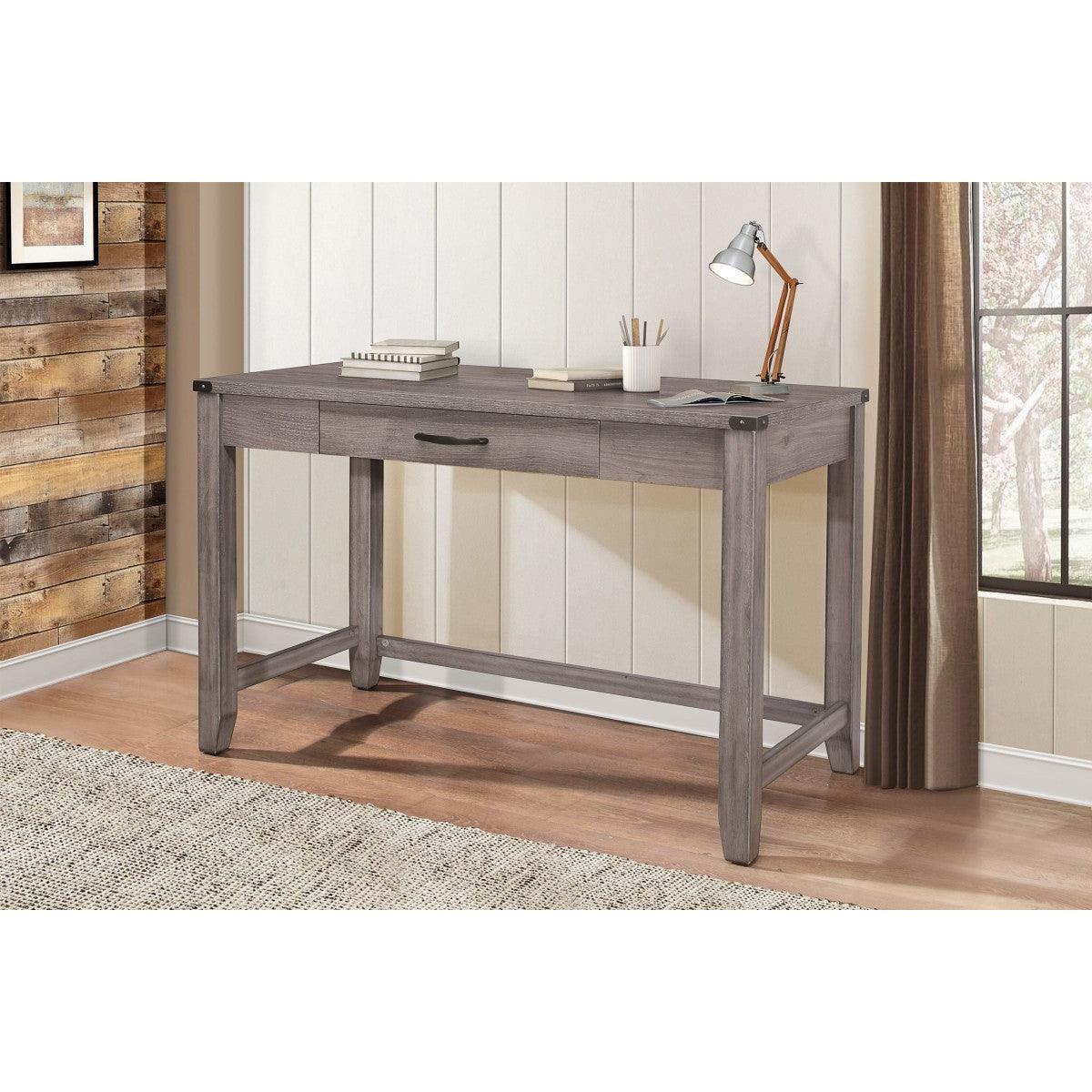 Close-up of Woodrow Writing Desk showing textured melamine finish and hardware