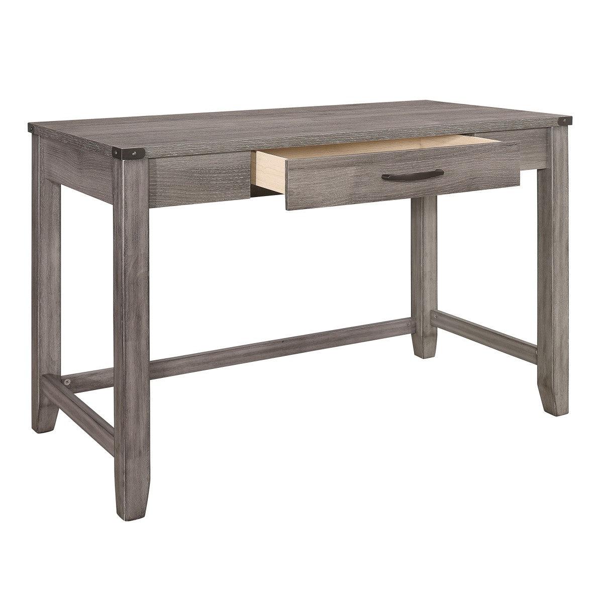 Woodrow brownish gray writing desk open dovetail drawer view