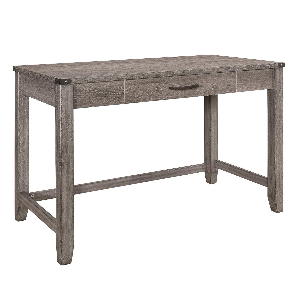 Side view of Woodrow Writing Desk highlighting open base and metal accents