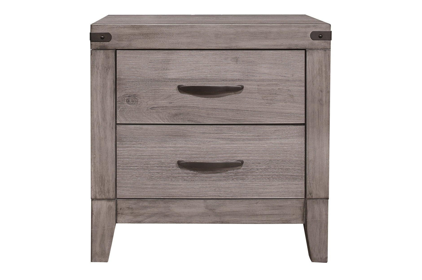 Side angle of Woodrow Dark Faux Leather Side Pier bedroom bed