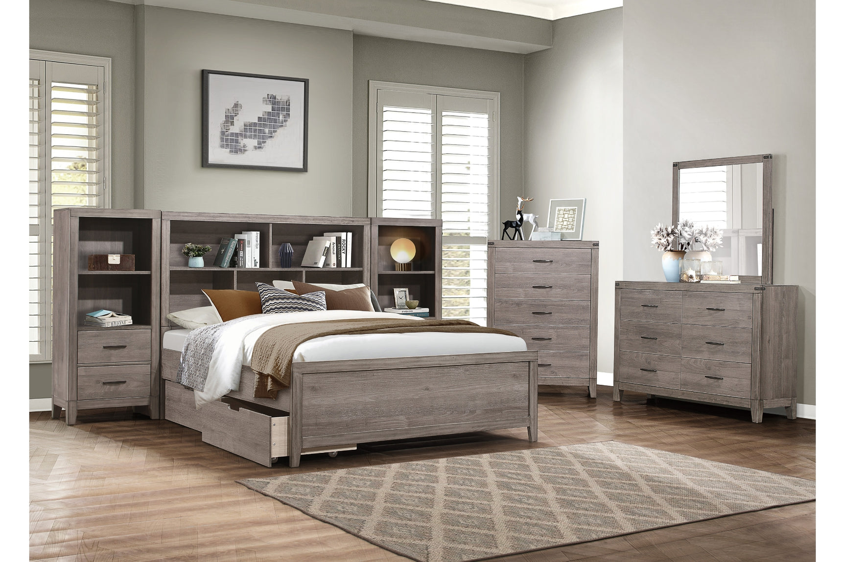 Bedroom view showing Woodrow Gray Bookcase Platform Bedroom Set bed and dresser