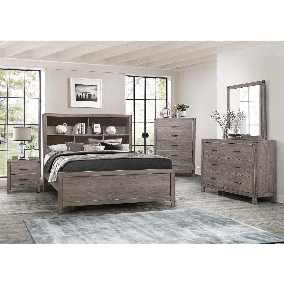 Close-up of bookcase headboard on Woodrow Full Platform Bed