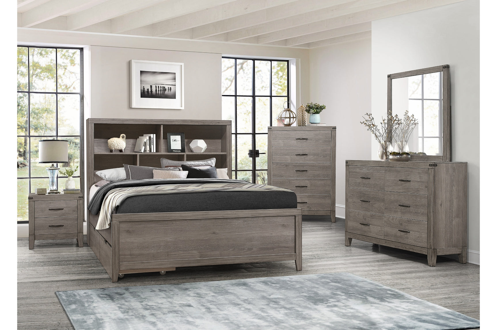 Side view of Woodrow Gray Bookcase Platform Bedroom Set bed