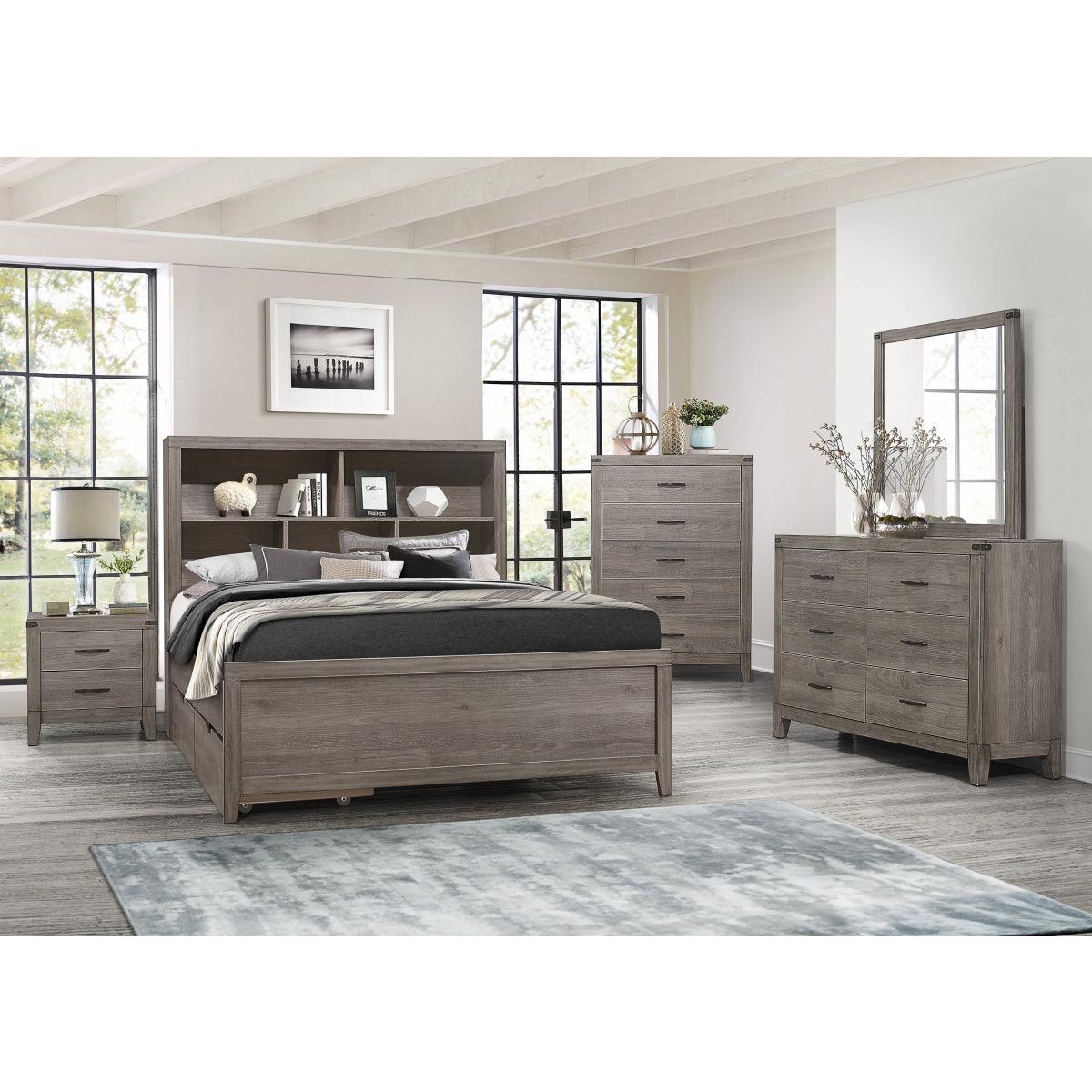 View of bed footboard with brownish gray finish