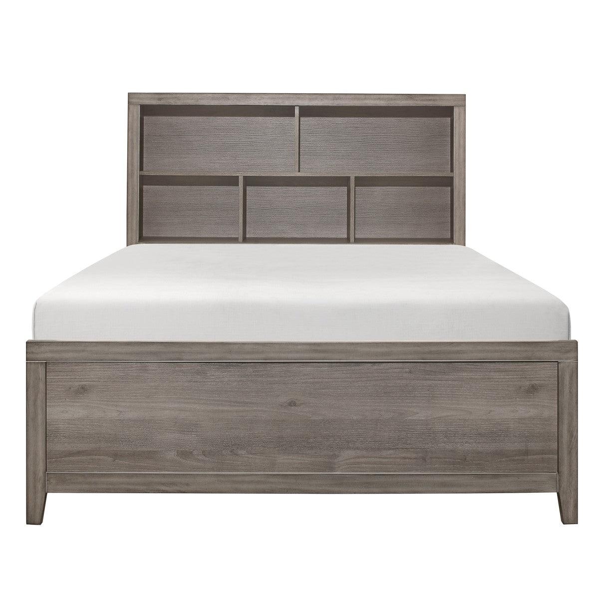 Front view of Woodrow Youth Queen Platform Bed in brownish gray melamine finish
