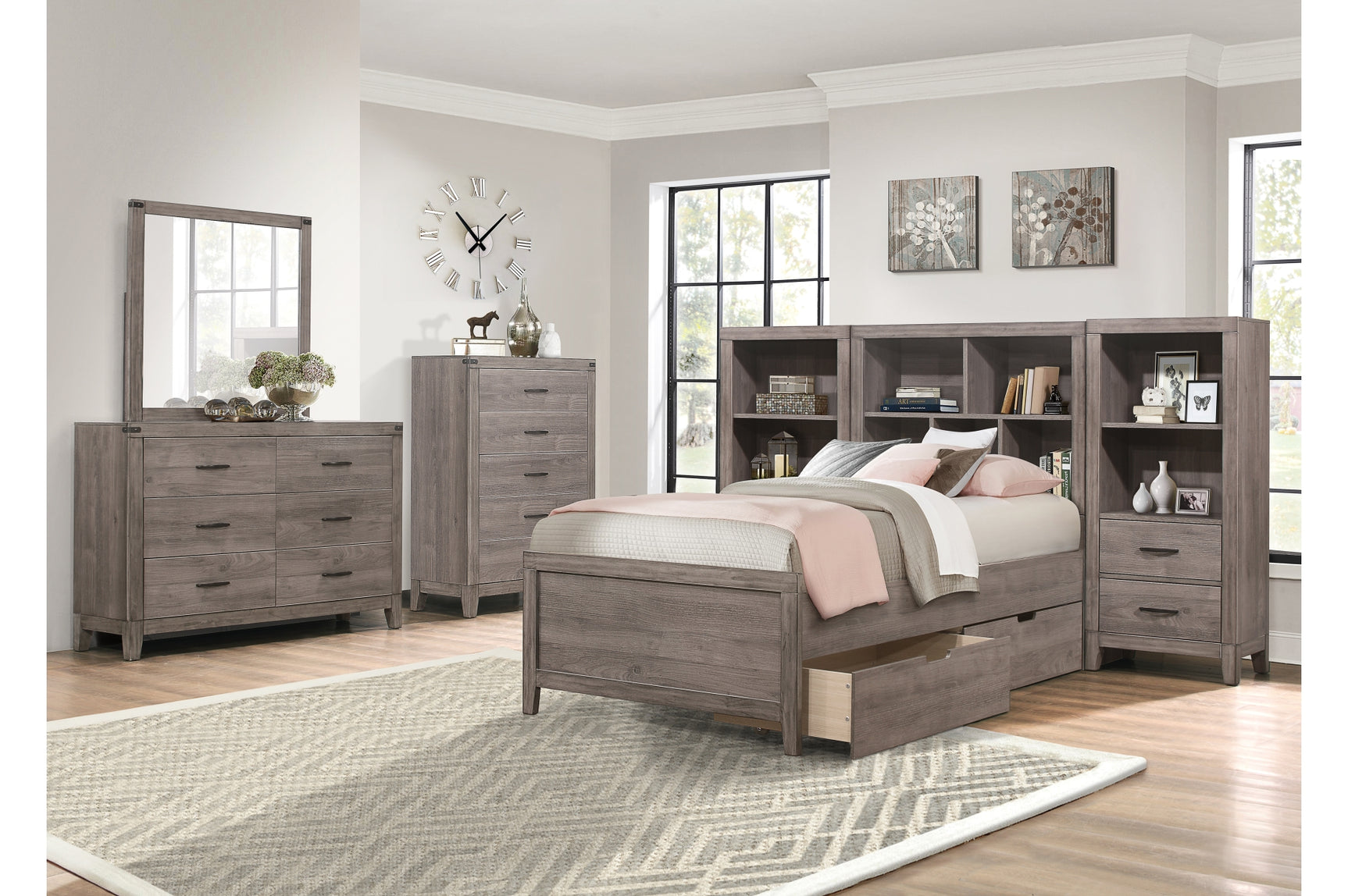 Bedroom view of Woodrow Gray Bookcase Platform Bedroom Set twin bed