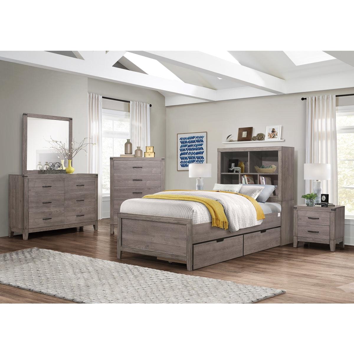 Brownish gray twin platform bed footboard detail