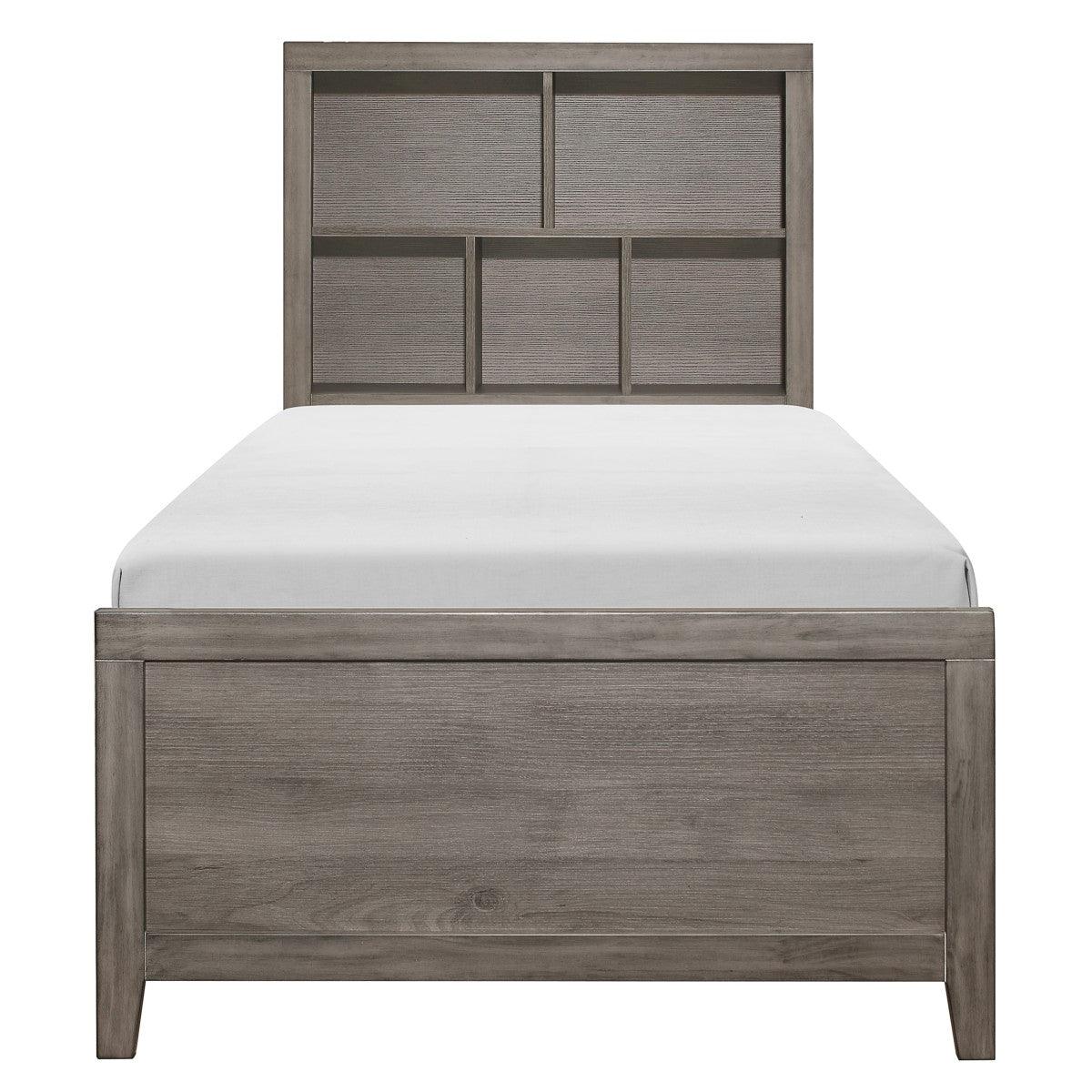 Woodrow brownish gray twin platform bed front view showing bookcase headboard