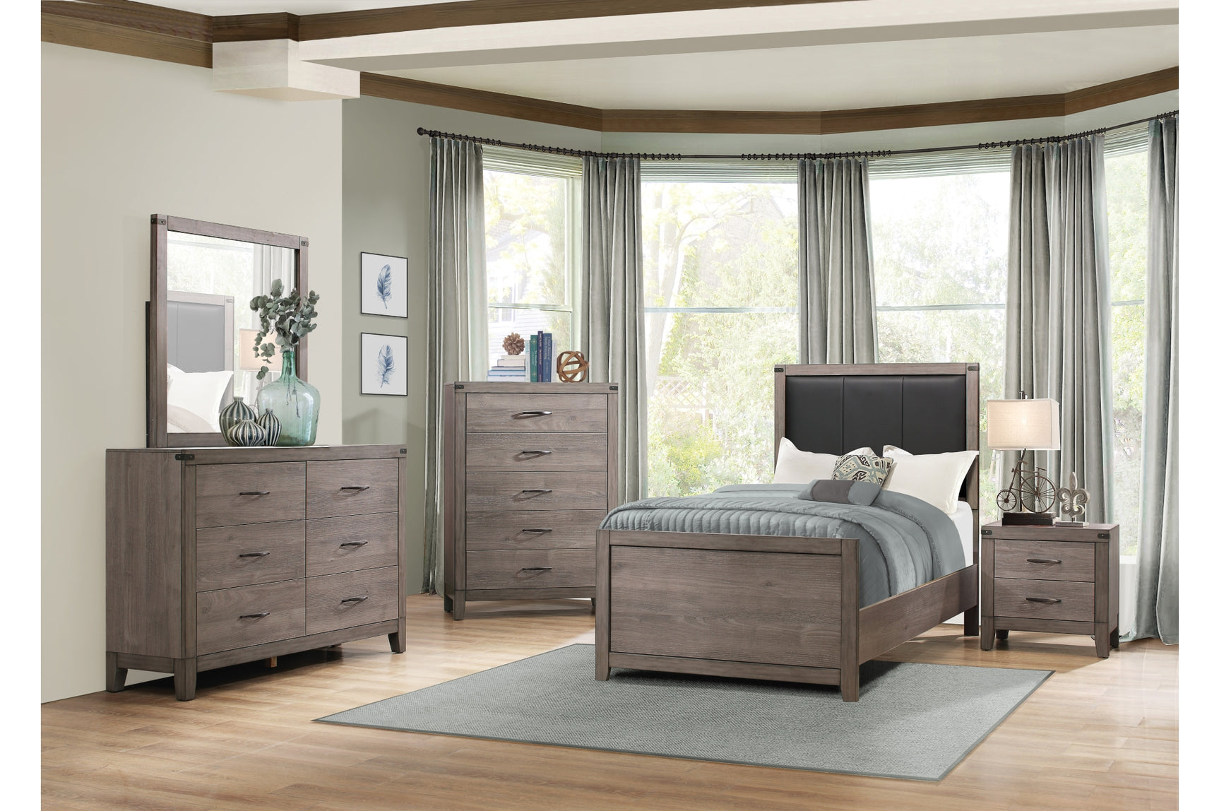 Side view of Woodrow Gray Bookcase Platform Bedroom Set queen bed
