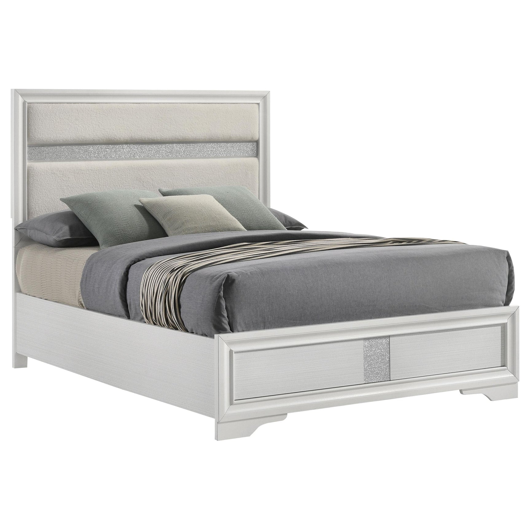 Low footboard with matching vertical stripe in white upholstery