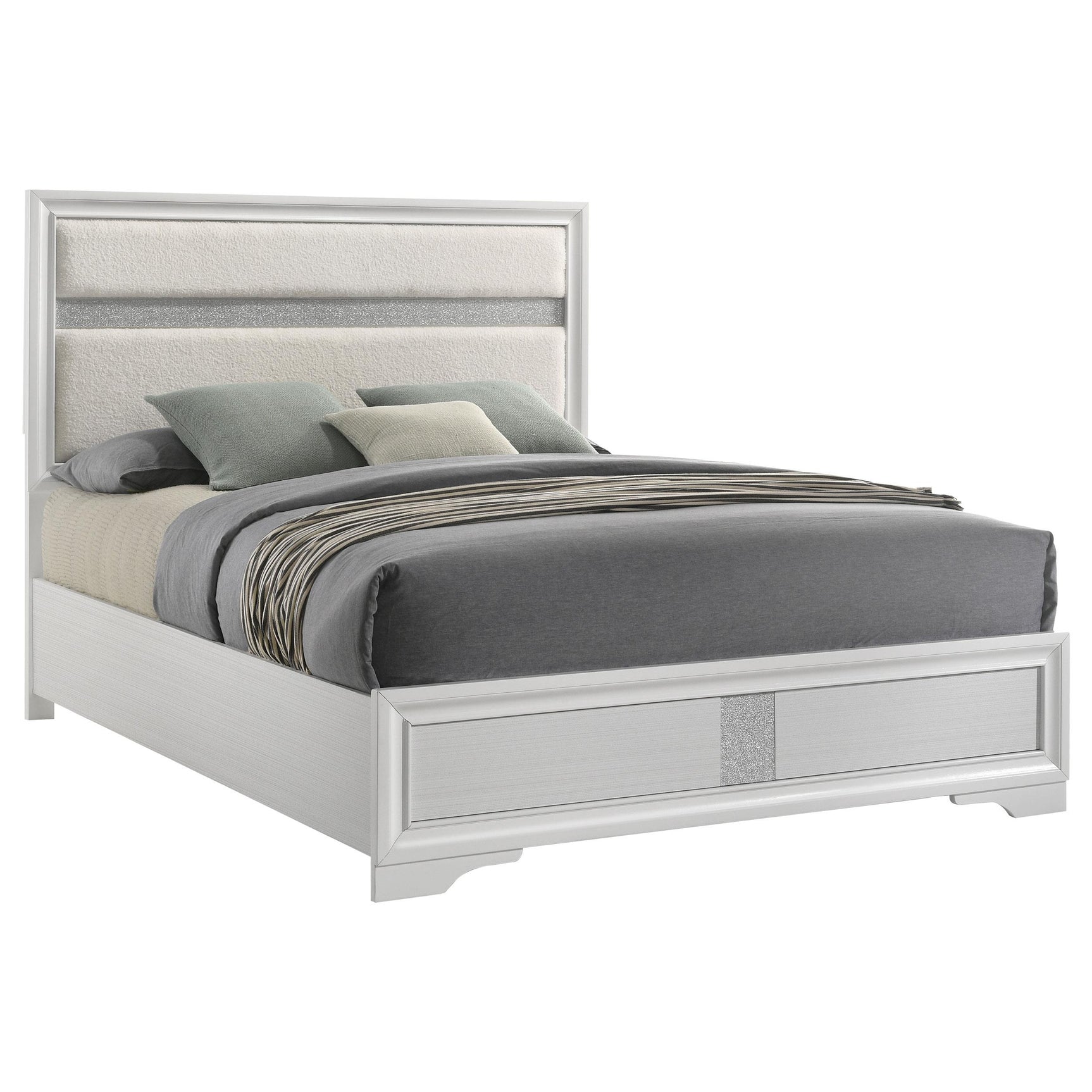 Side view of Miranda Upholstered King Bed in White finish