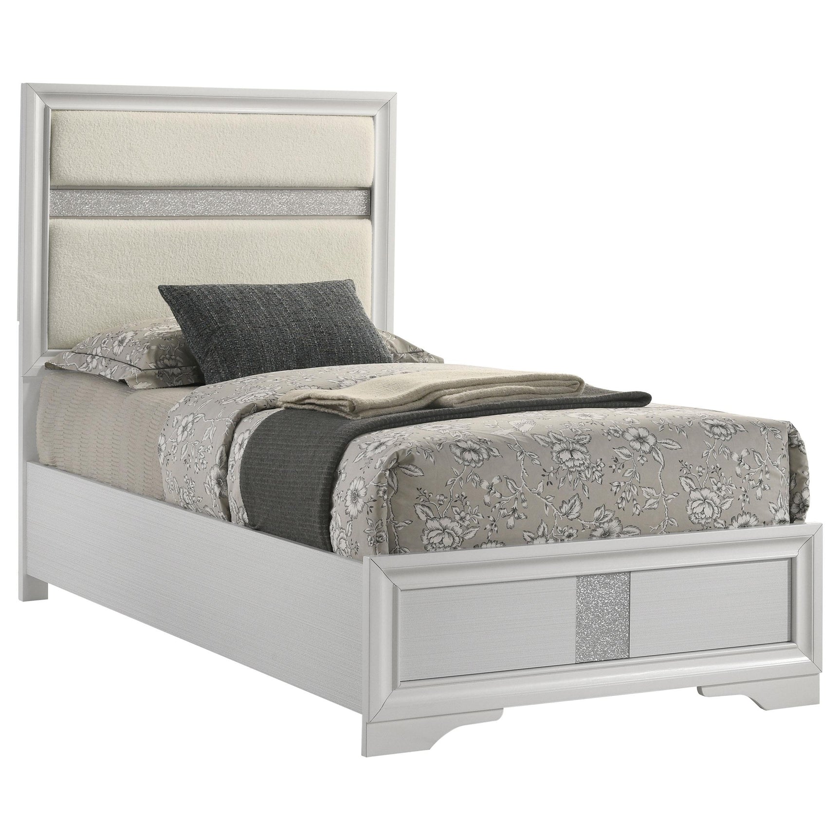 Close-up of Miranda bed headboard with glitter stripe detail