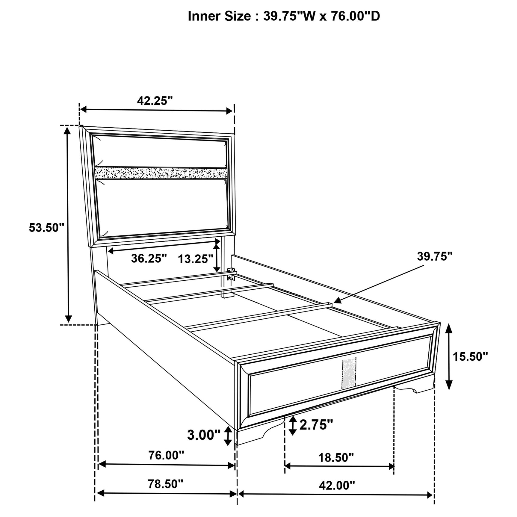 Miranda twin panel bed showing mattress placement