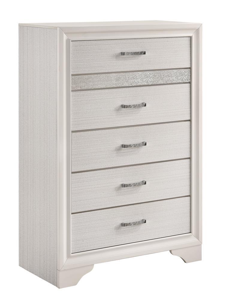 Miranda white chest side angle showing drawer pull detail