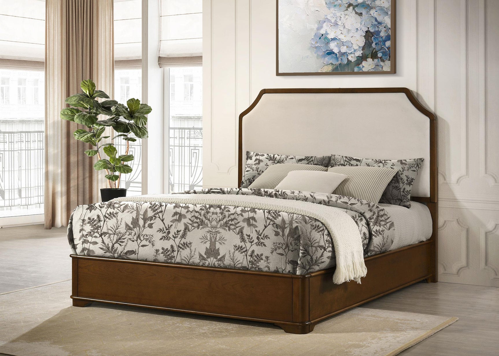 Side view of Garland Eastern King Panel Bed showing wood frame and upholstered headboard