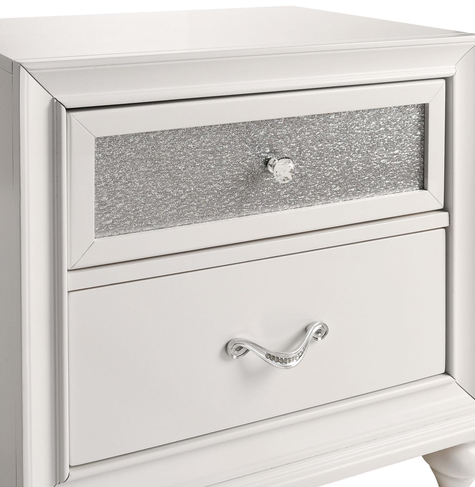 Two drawers of Barzini white nightstand open showing drawer glides