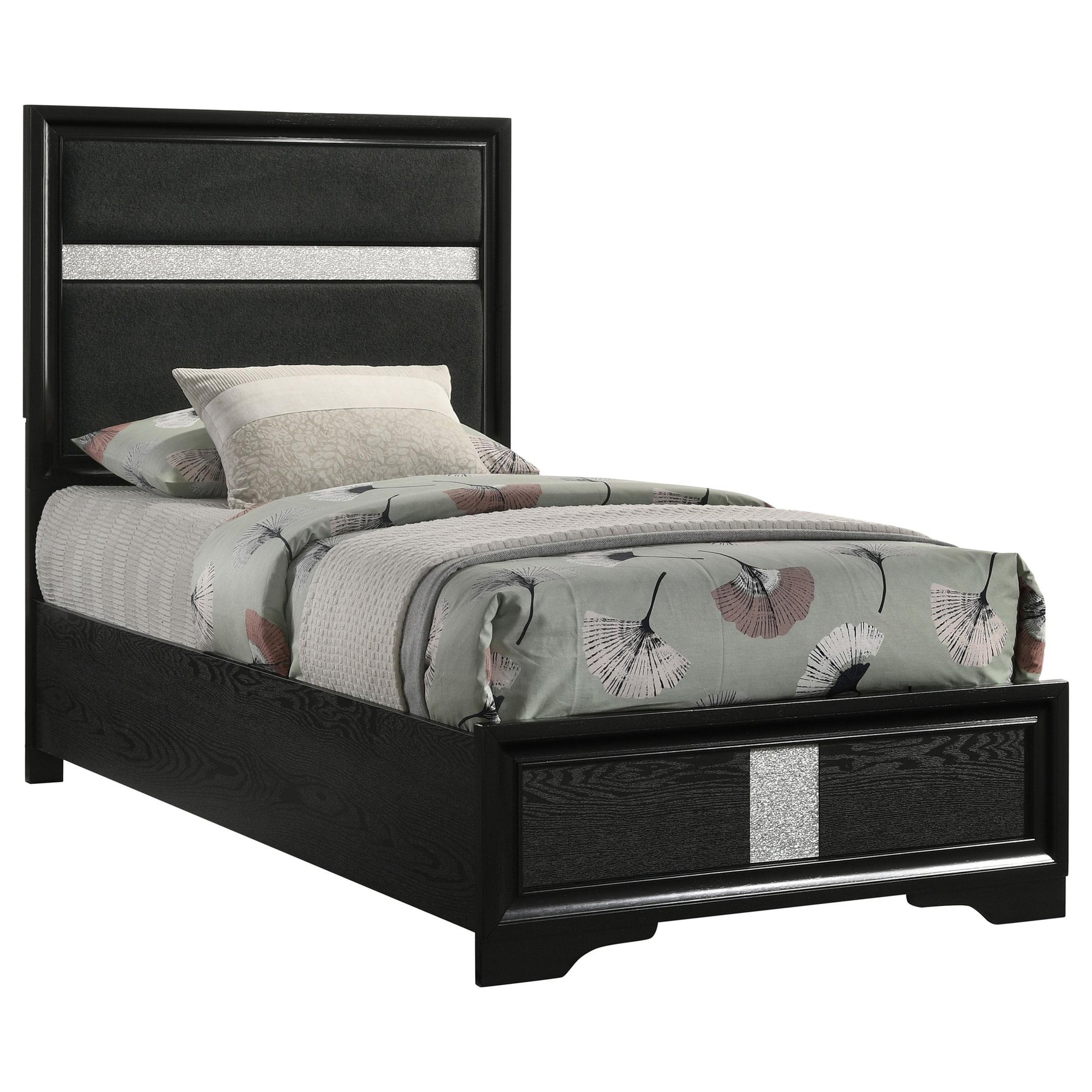 Side view of Miranda black twin bed displaying footboard and bracket feet