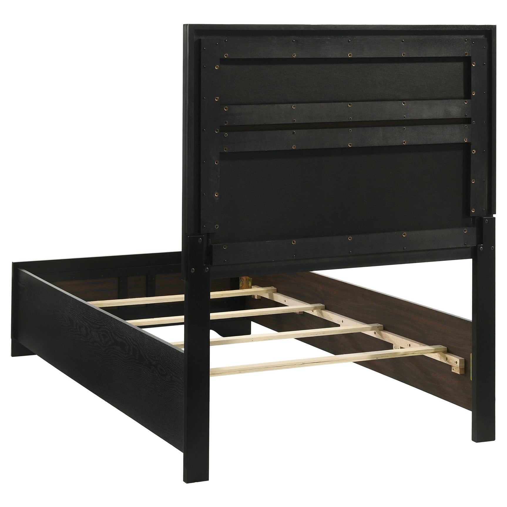 Top angle view of Miranda twin upholstered bed in black showing fabric texture