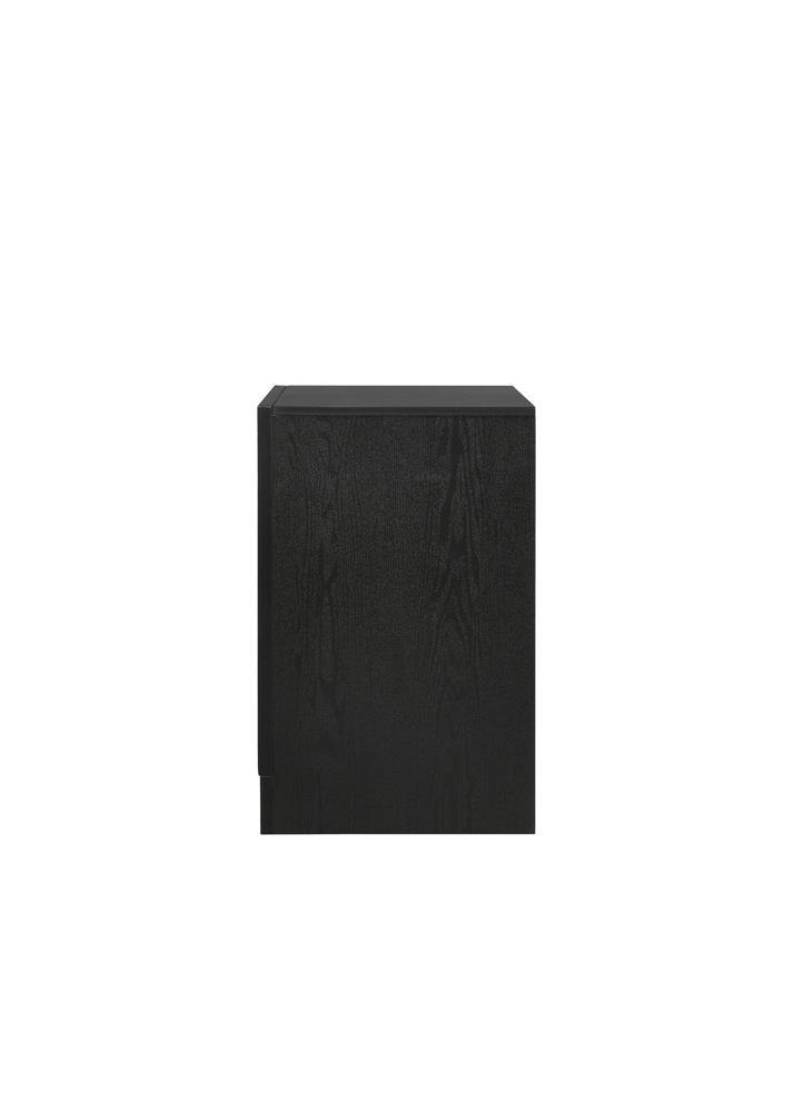Close-up of drawer handle and black finish on Miranda nightstand