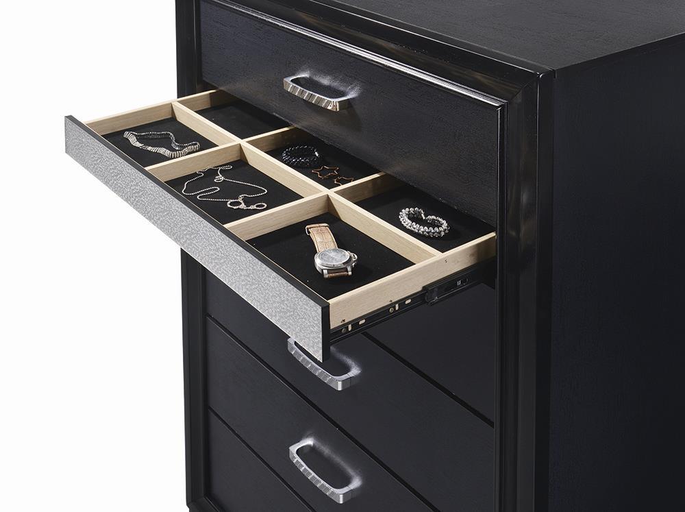 Miranda 5-Drawer Chest Black carved side panel