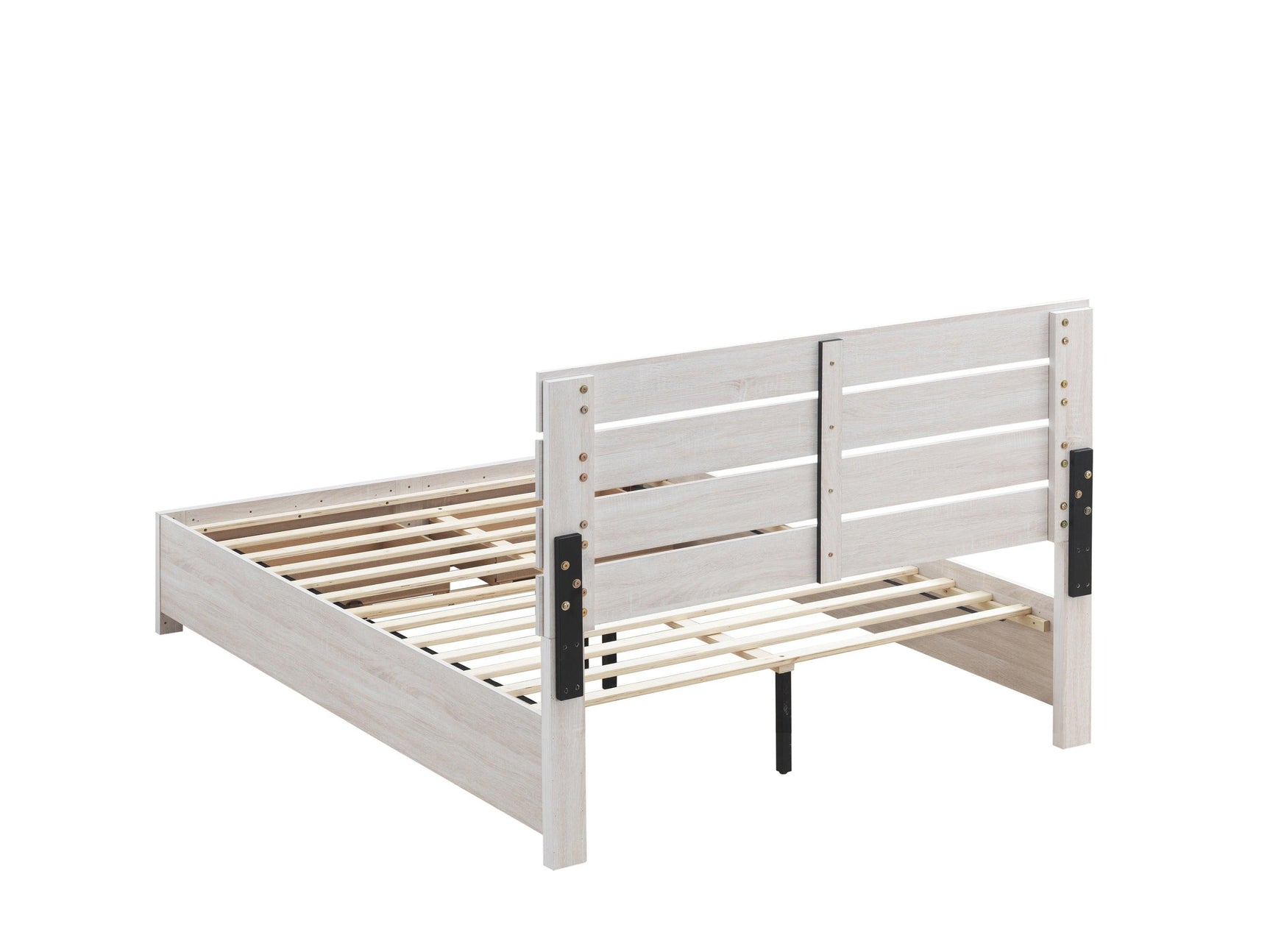 Close-up of plank-style headboard and rustic white finish on Brantford King Bed