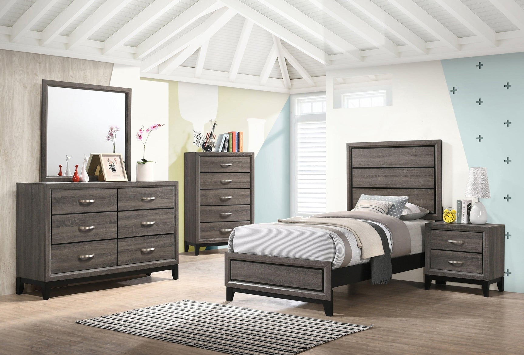 Close-up on tapered legs of Watson Grey Oak Twin Panel Bed