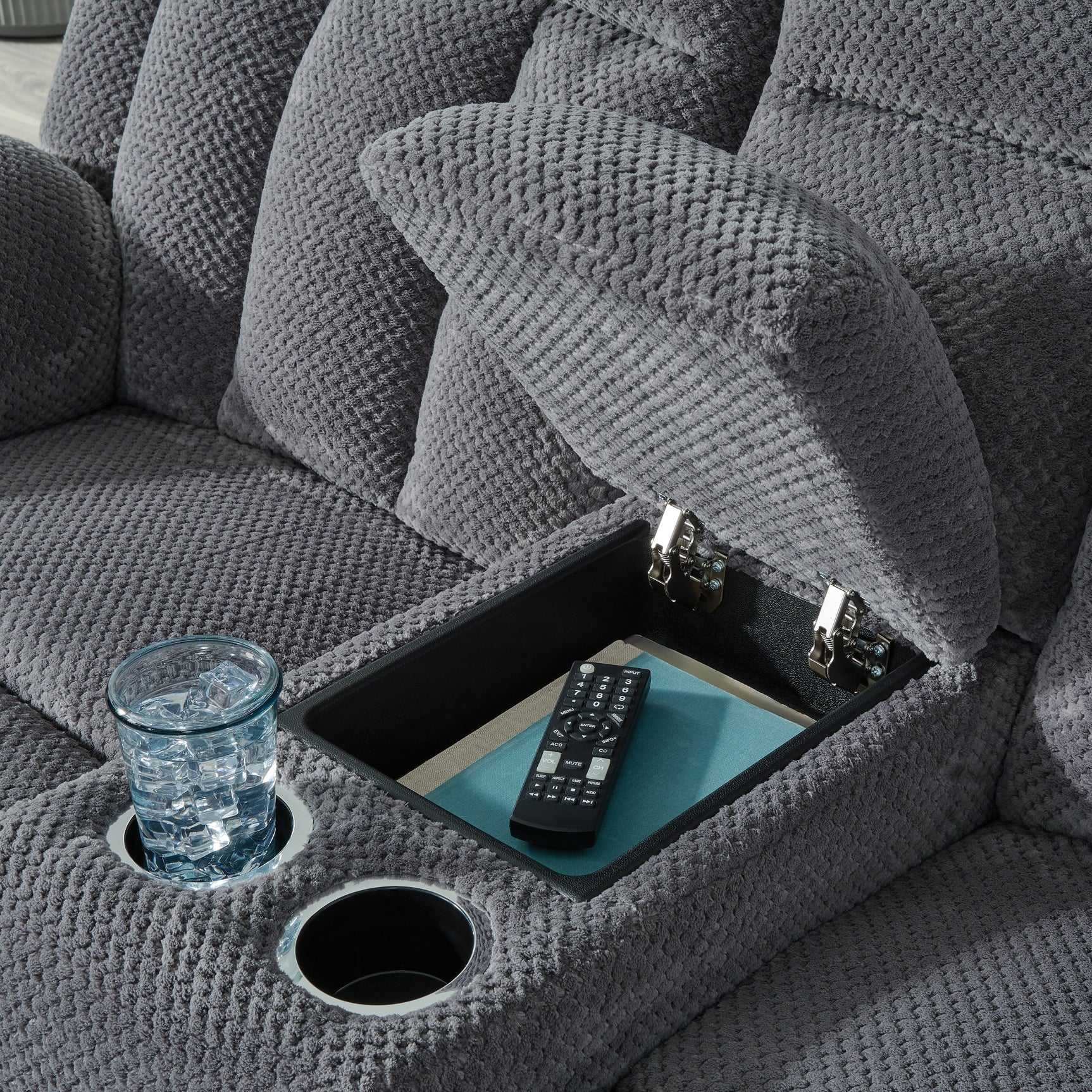 Console with cup holders and storage detail