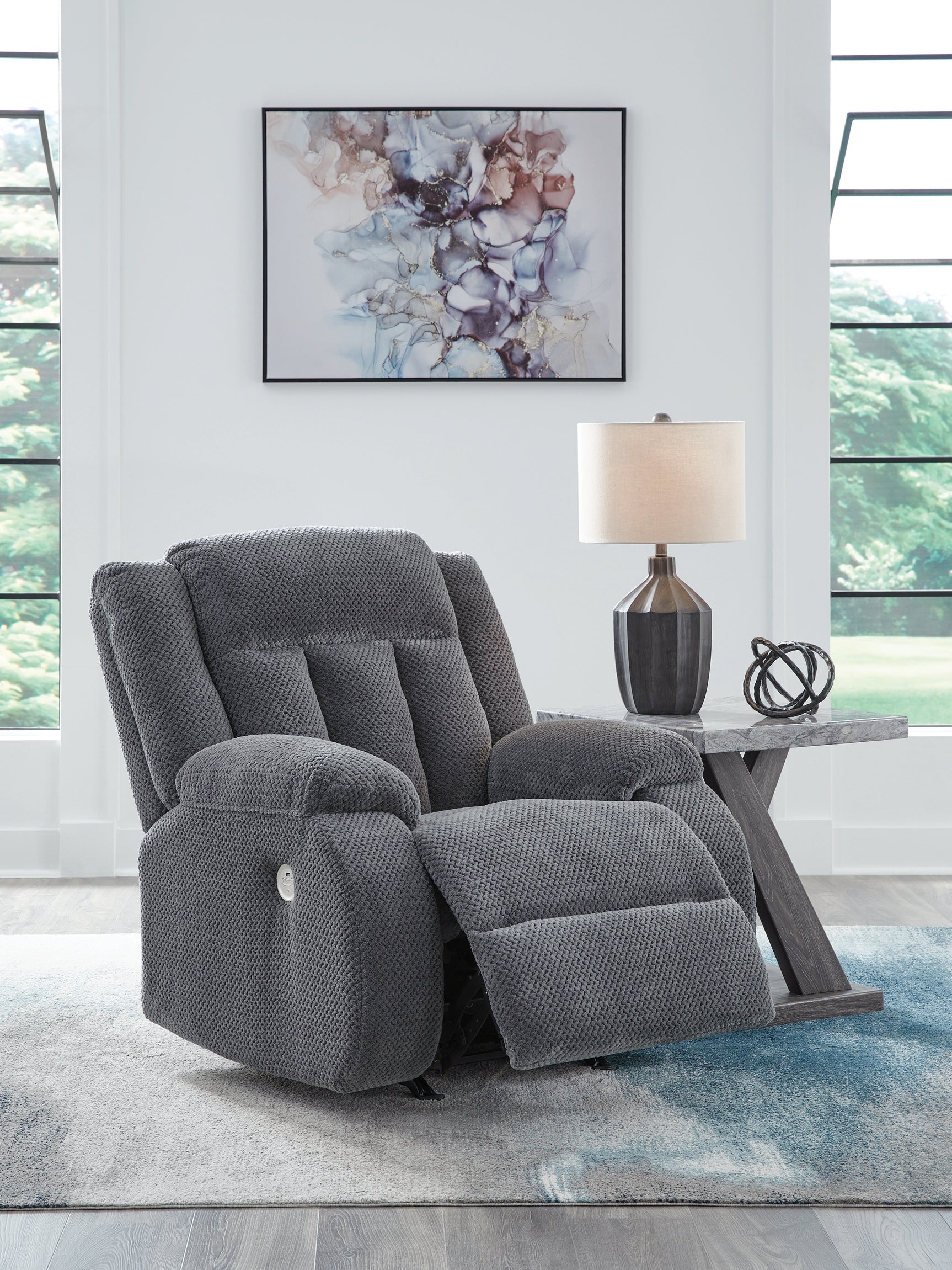 Observation Steel Velvet Power Recliner fully reclined