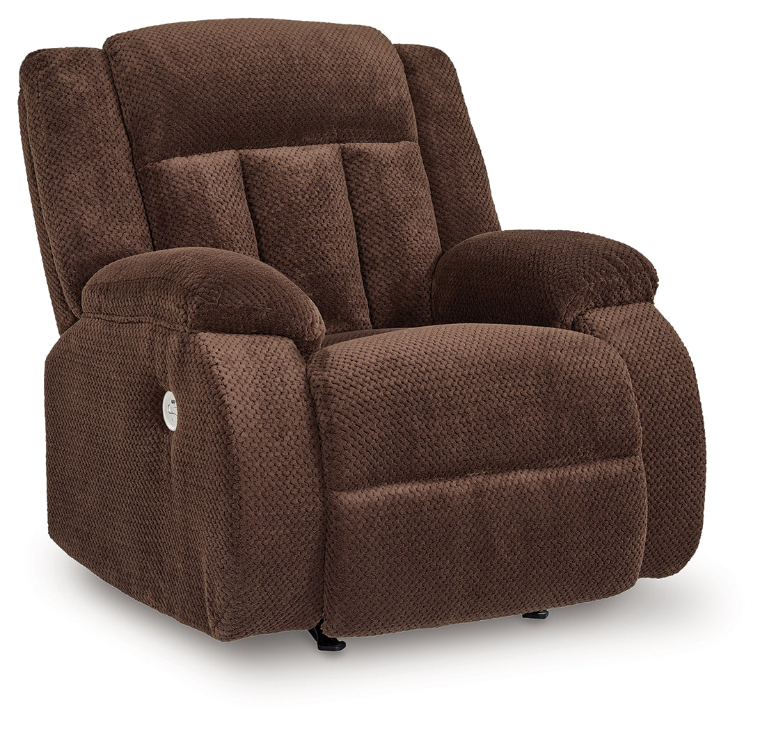 Side view of Observation Chocolate Velvet Power Recliner showing profile