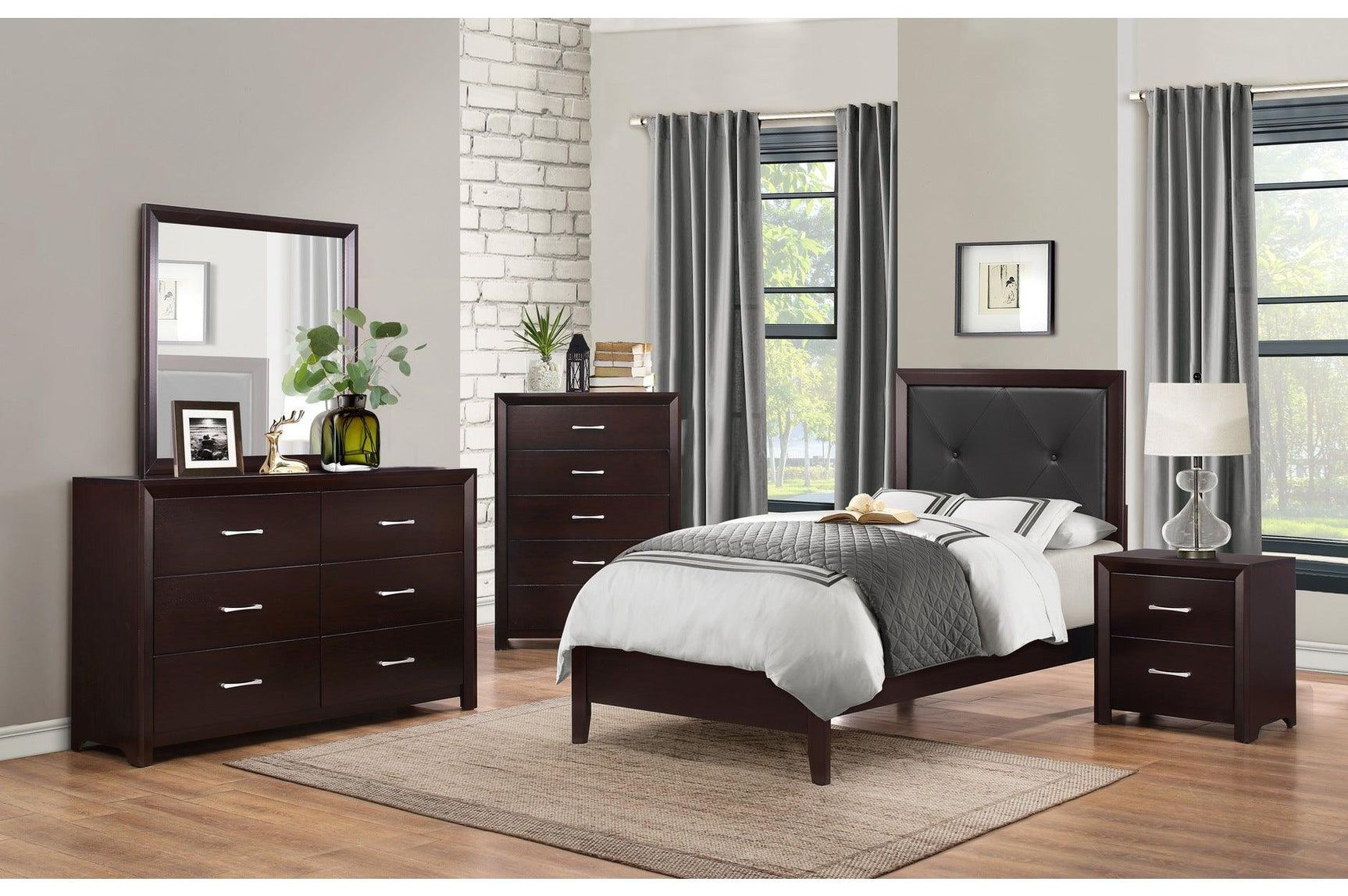 Side view of Edina Espresso Faux Leather Tufted Platform Bed
