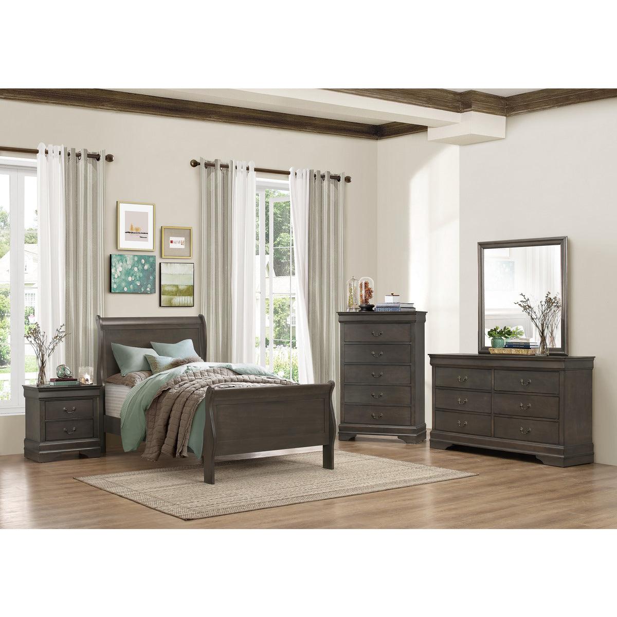 Mayville Stained Gray Twin Sleigh Bed close-up of headboard