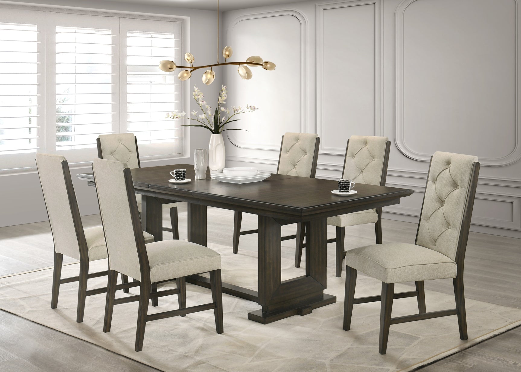 Herbert Gray Upholstered Tufted Rectangular Dining Room Set room view