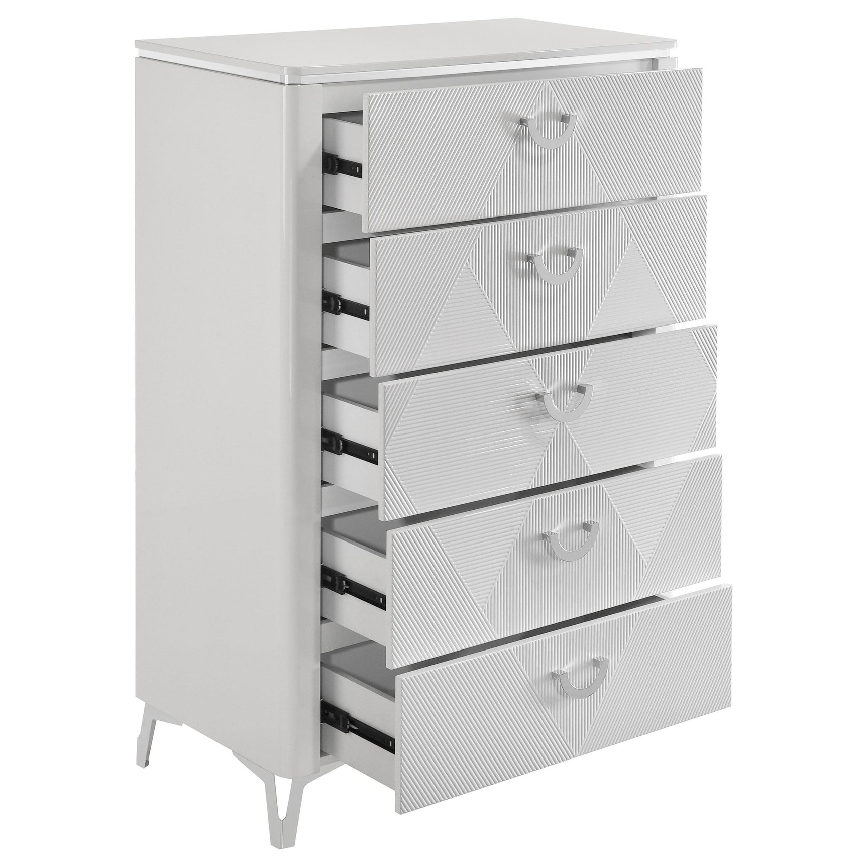 Cassia white high gloss 5-drawer bedroom chest front view
