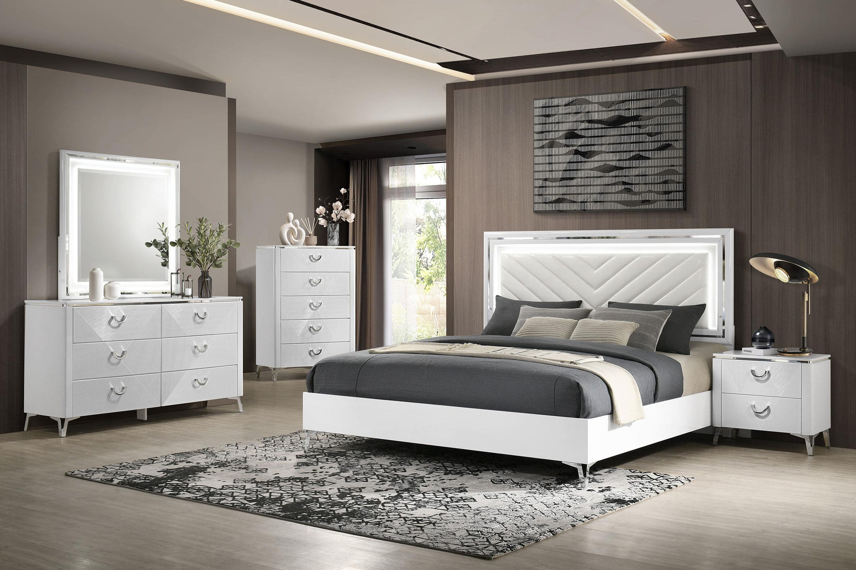 Cassia white high gloss 5-drawer bedroom chest front view