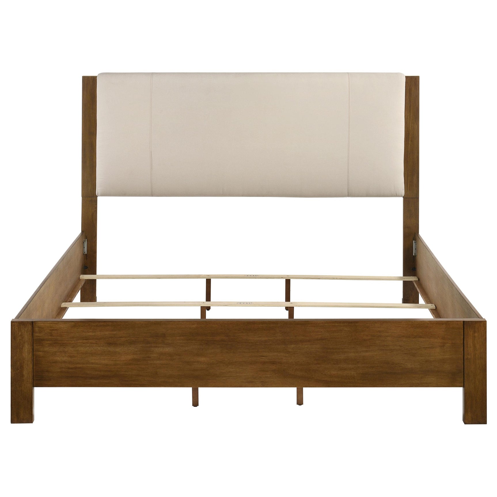 Close-up of cream fabric headboard on Adderley Eastern King Wood Panel Bed