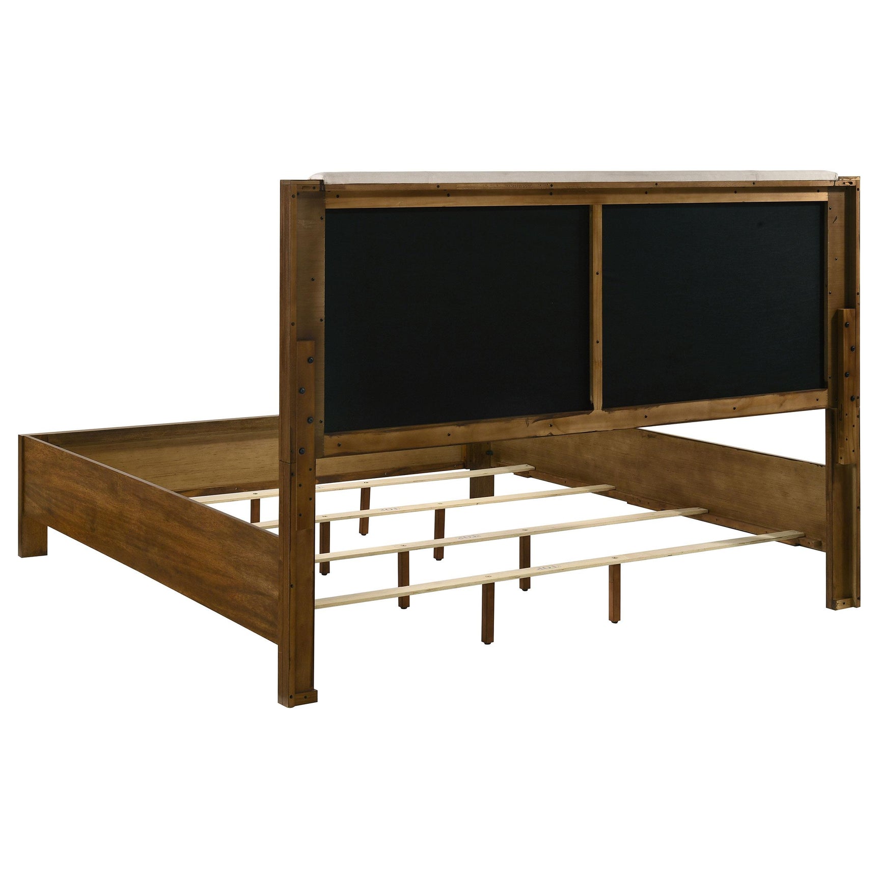 Detailed view of warm brown rubberwood frame and squared corners of bed