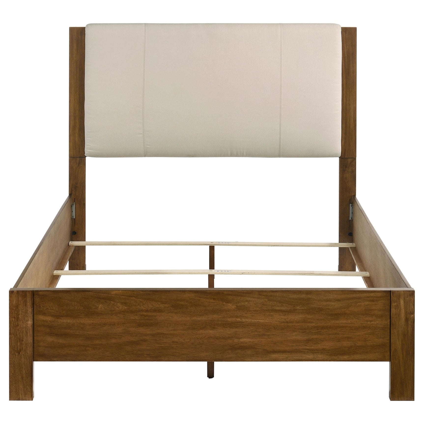 Adderley queen bed side view showing warm brown wood frame