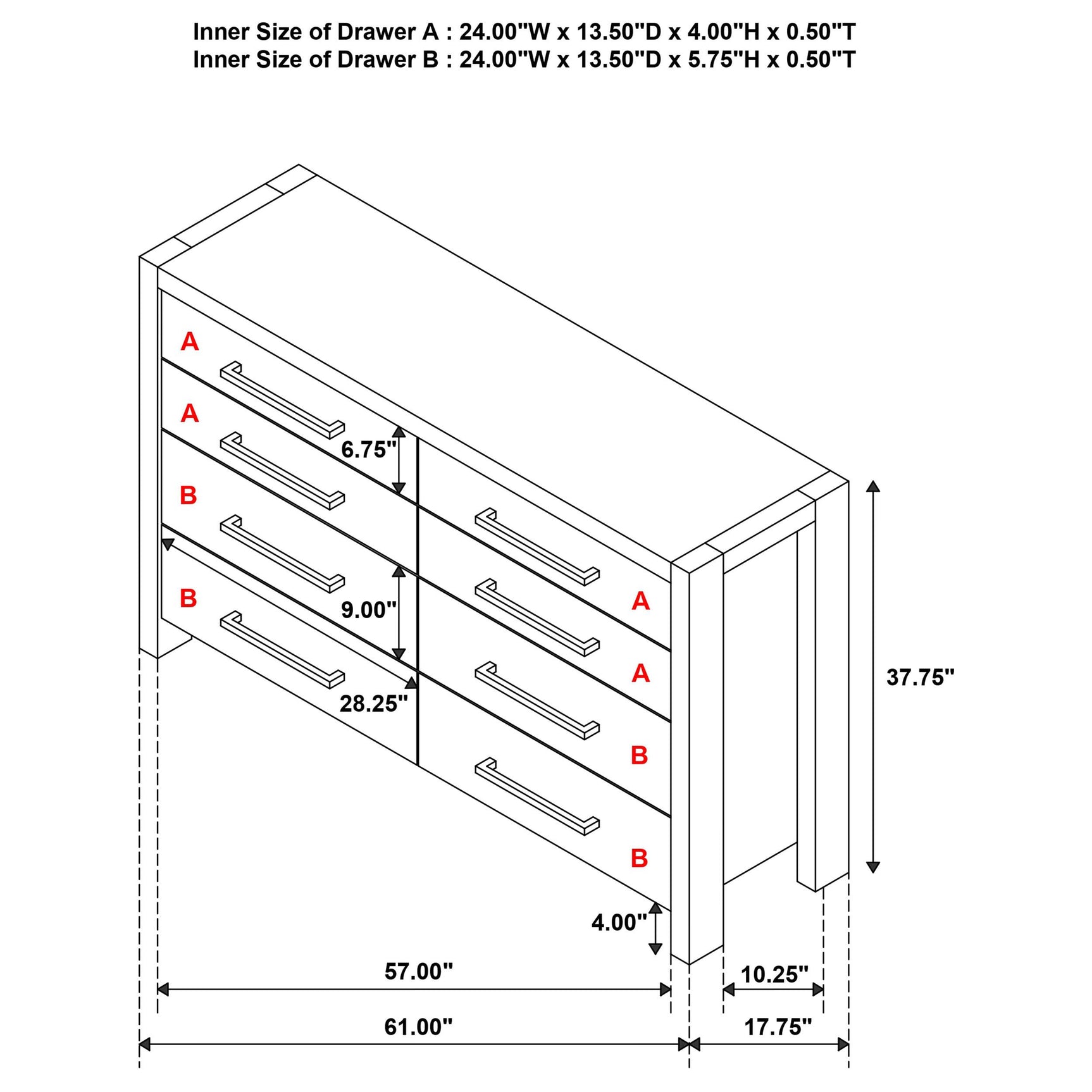 Full perspective view of dresser in bedroom setting