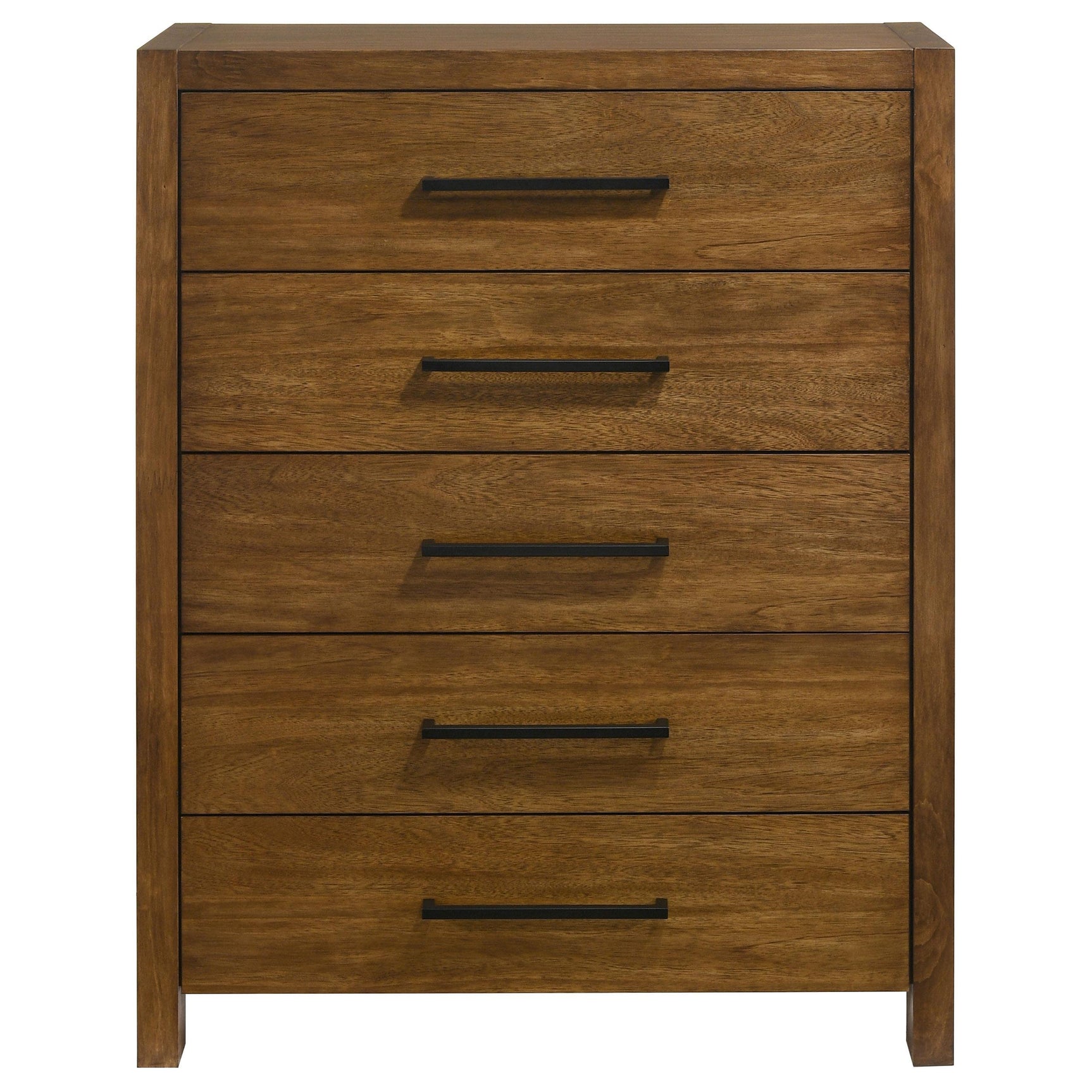 Side view of Adderley 5-drawer chest in warm brown wood finish