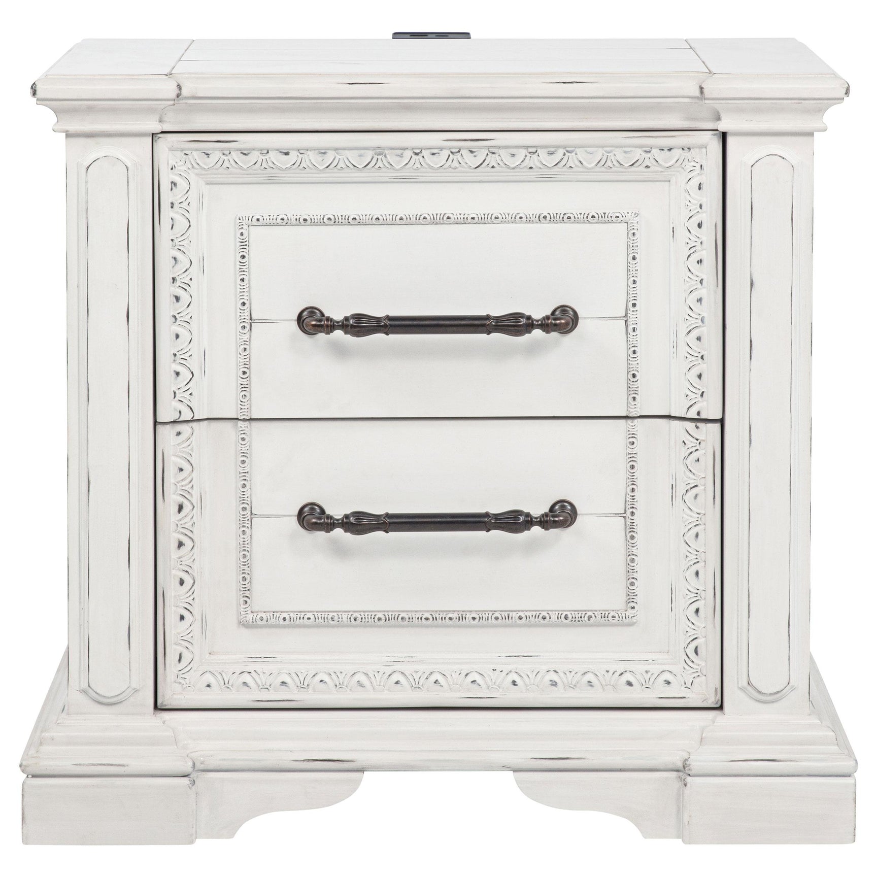 Side view of McKinney nightstand showing sculpted base