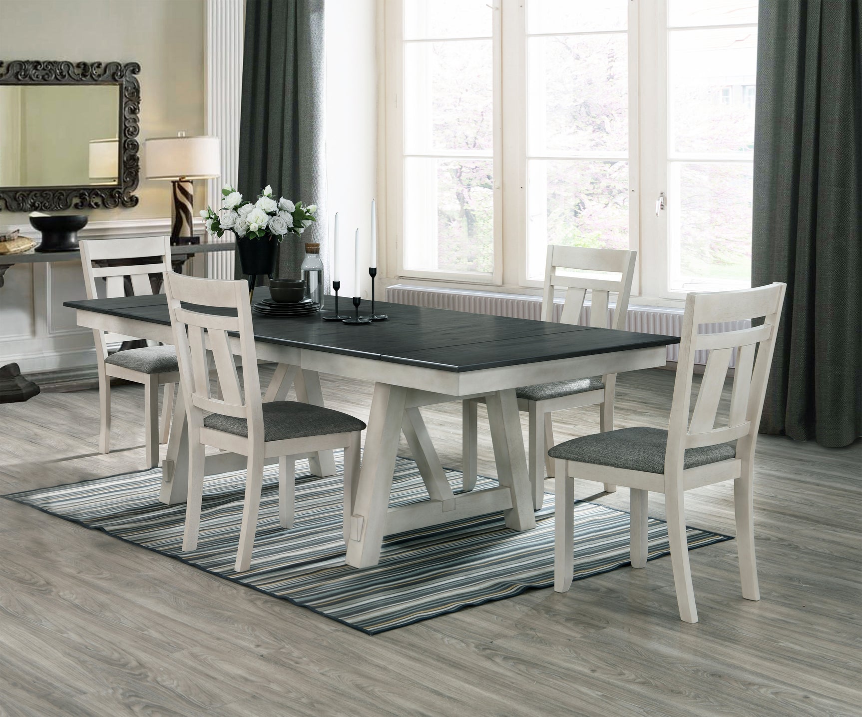 Room view of Maribelle Chalk Gray Extendable Dining Room Set with furniture