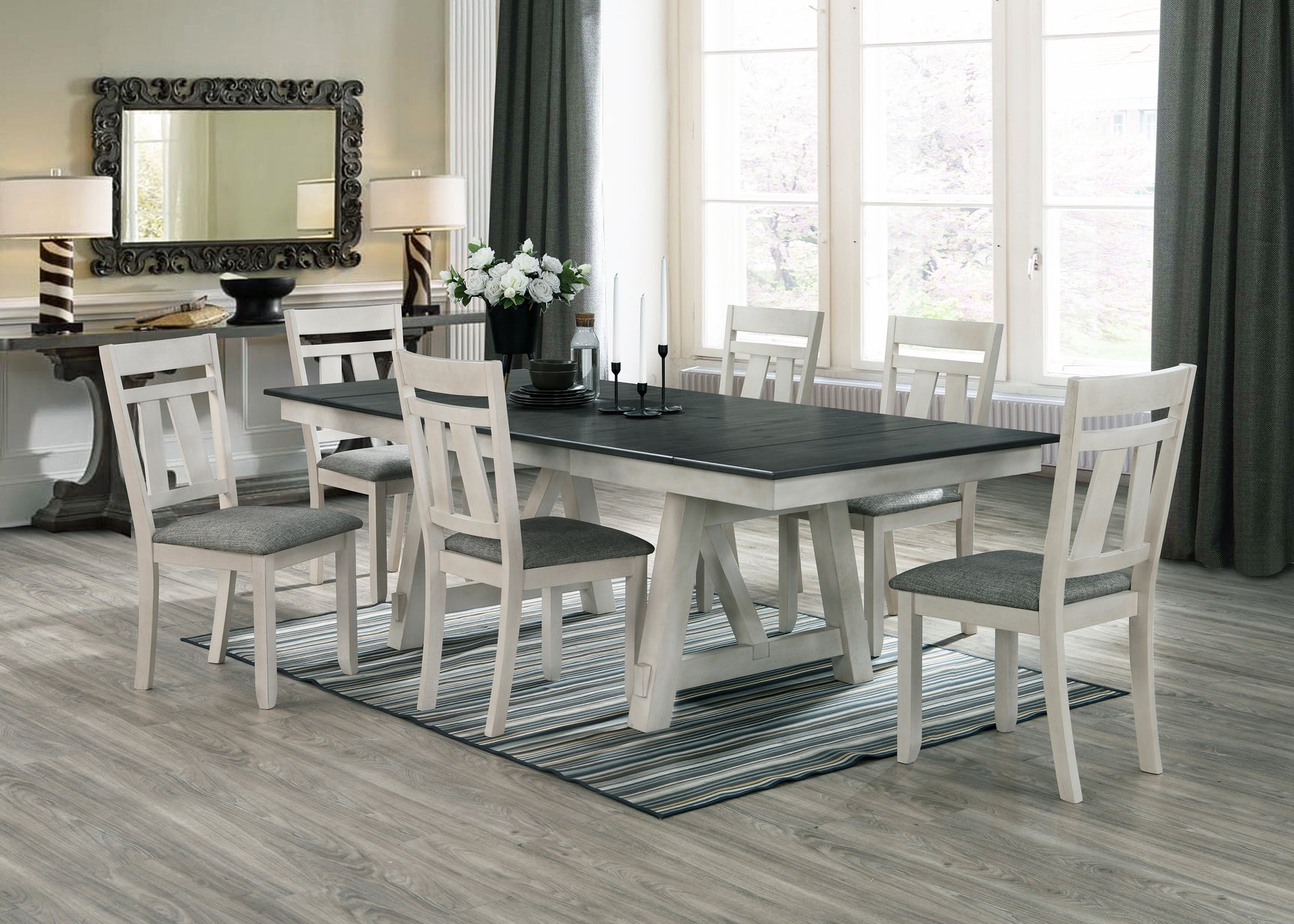 Detail of chalk gray extendable dining table surface