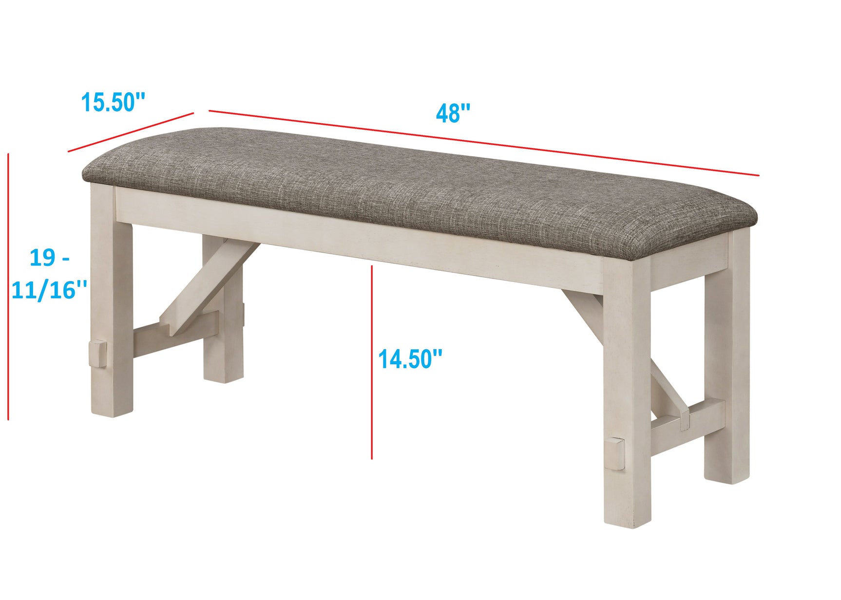 Bench detail view of Maribelle Chalk Gray Dining Set