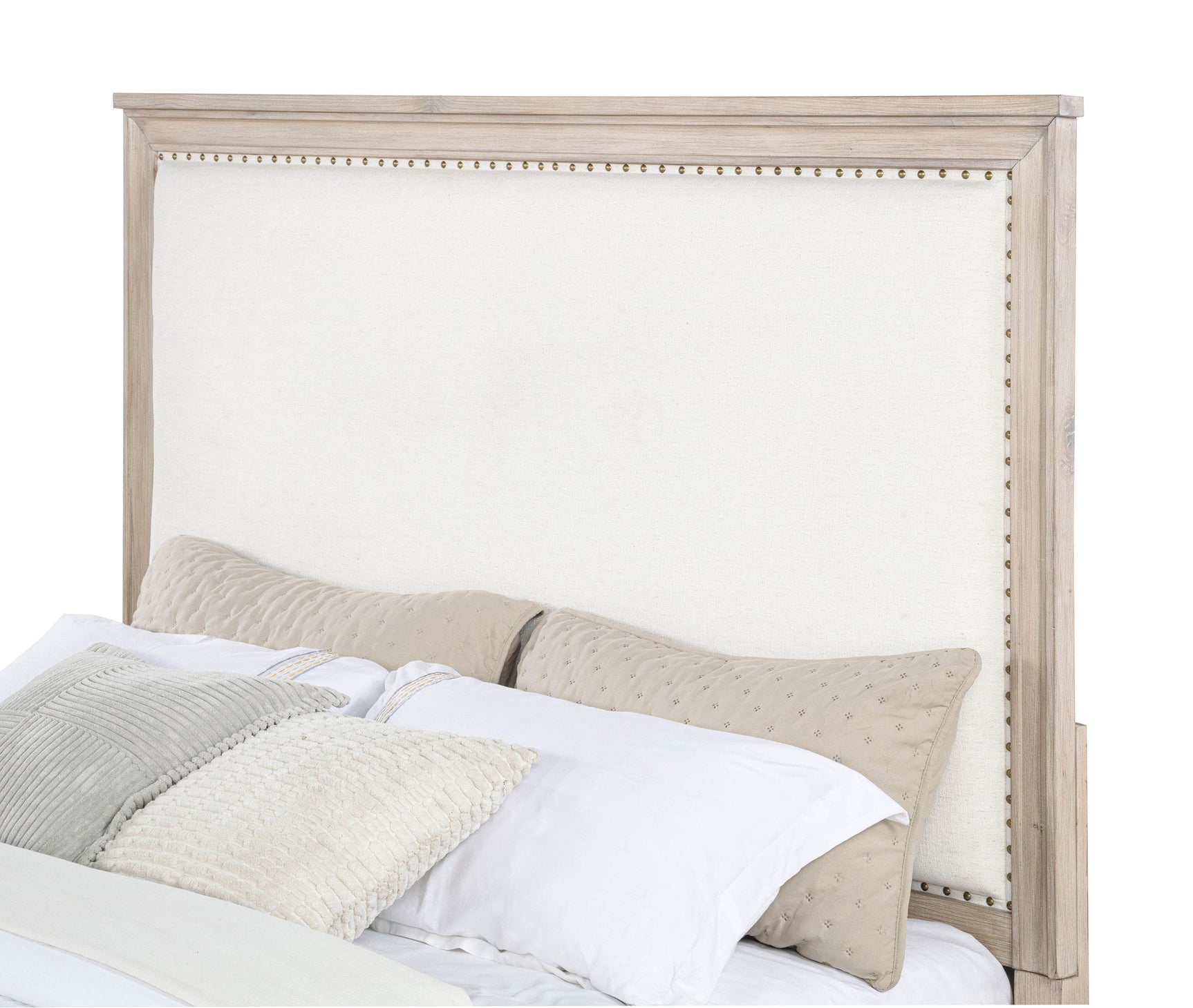 Top angle view of queen upholstered panel bed