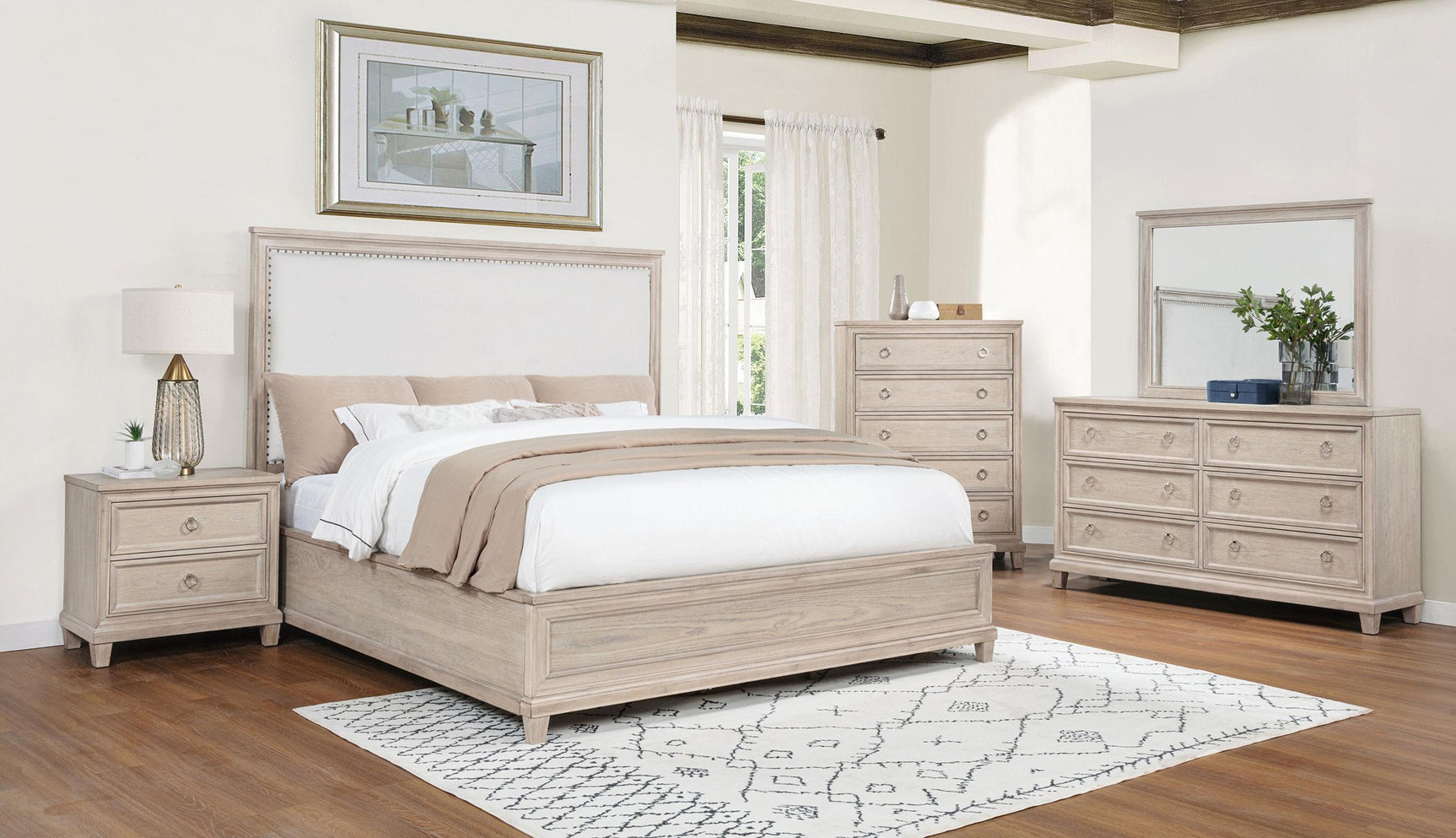 Room view featuring Pembroke washed oak dresser mirror