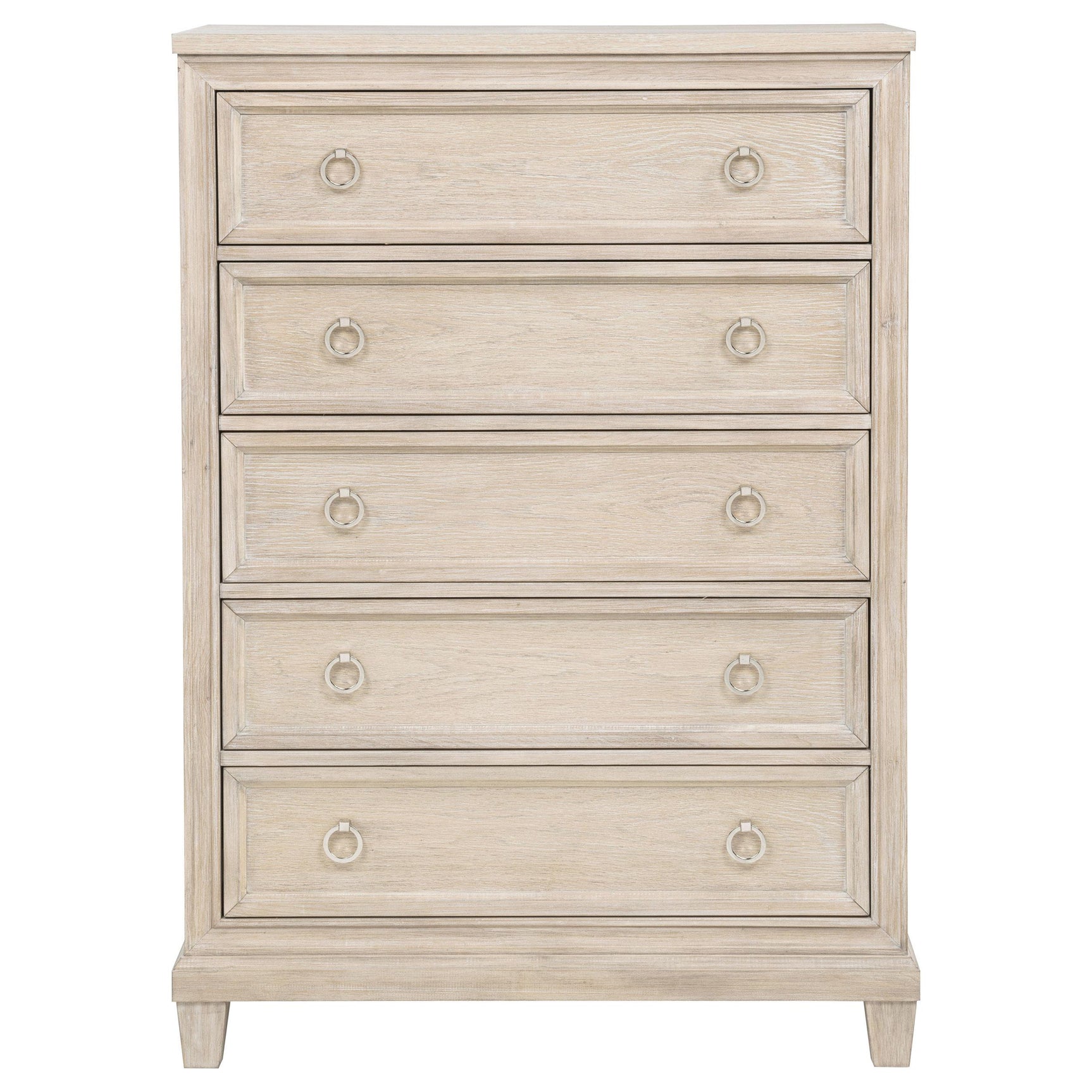 Side view of Pembroke 5-drawer chest in washed oak