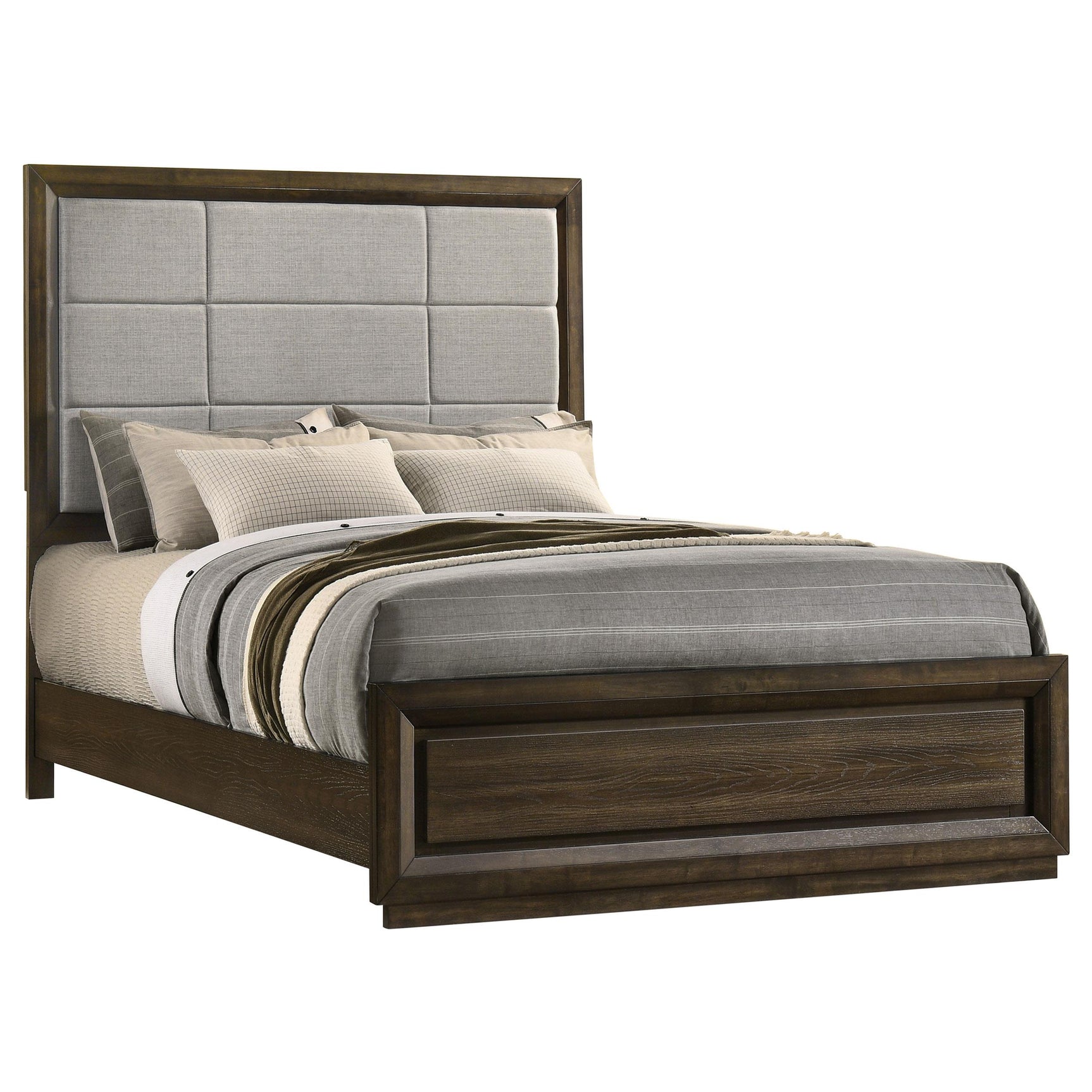 Close-up of picture-framed headboard with grid tailoring