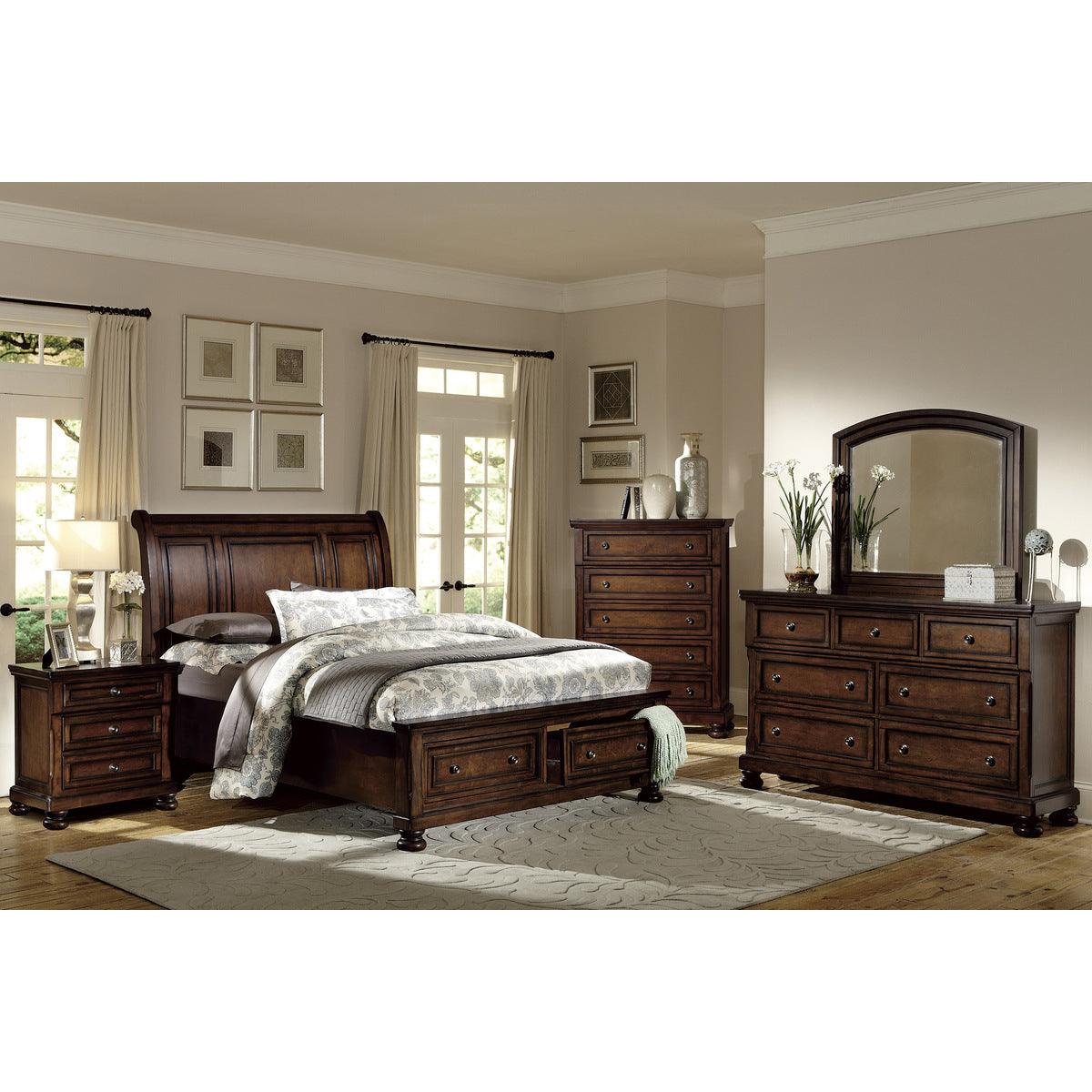 Bedroom scene featuring Cumberland Brown Cherry Queen Sleigh Platform Bed in staged setting