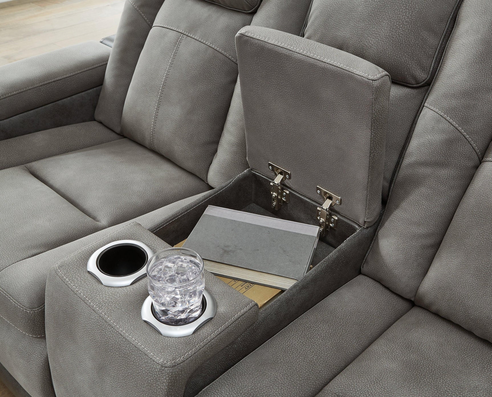 Next-Gen DuraPella Slate Faux Leather Power Reclining Loveseat with Console adjustable headrest detail
