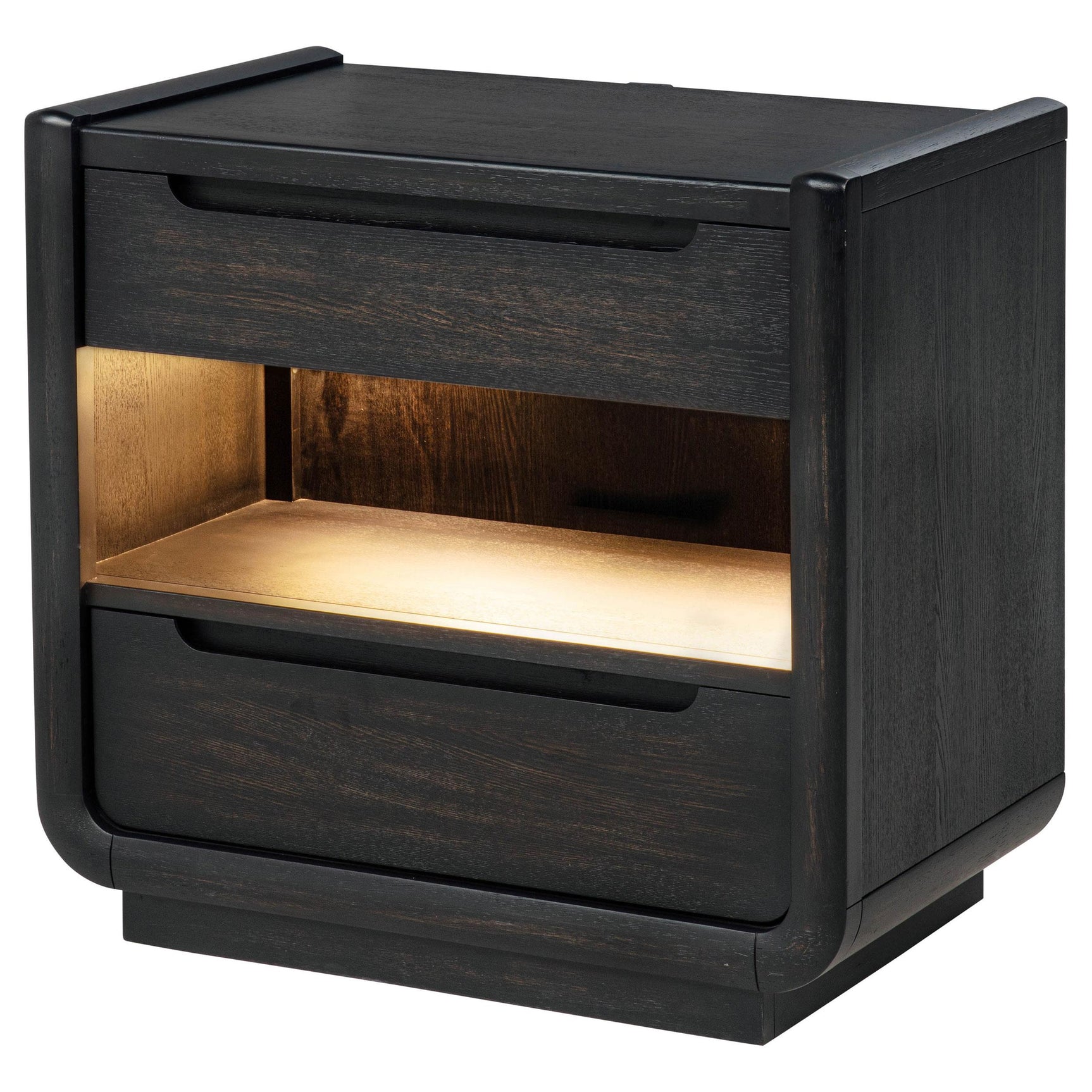 Side angle of Leandro nightstand highlighting curved design